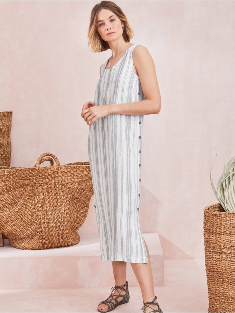 Garnet Hill White and Gray Vertical-Stripe Tank  Dress